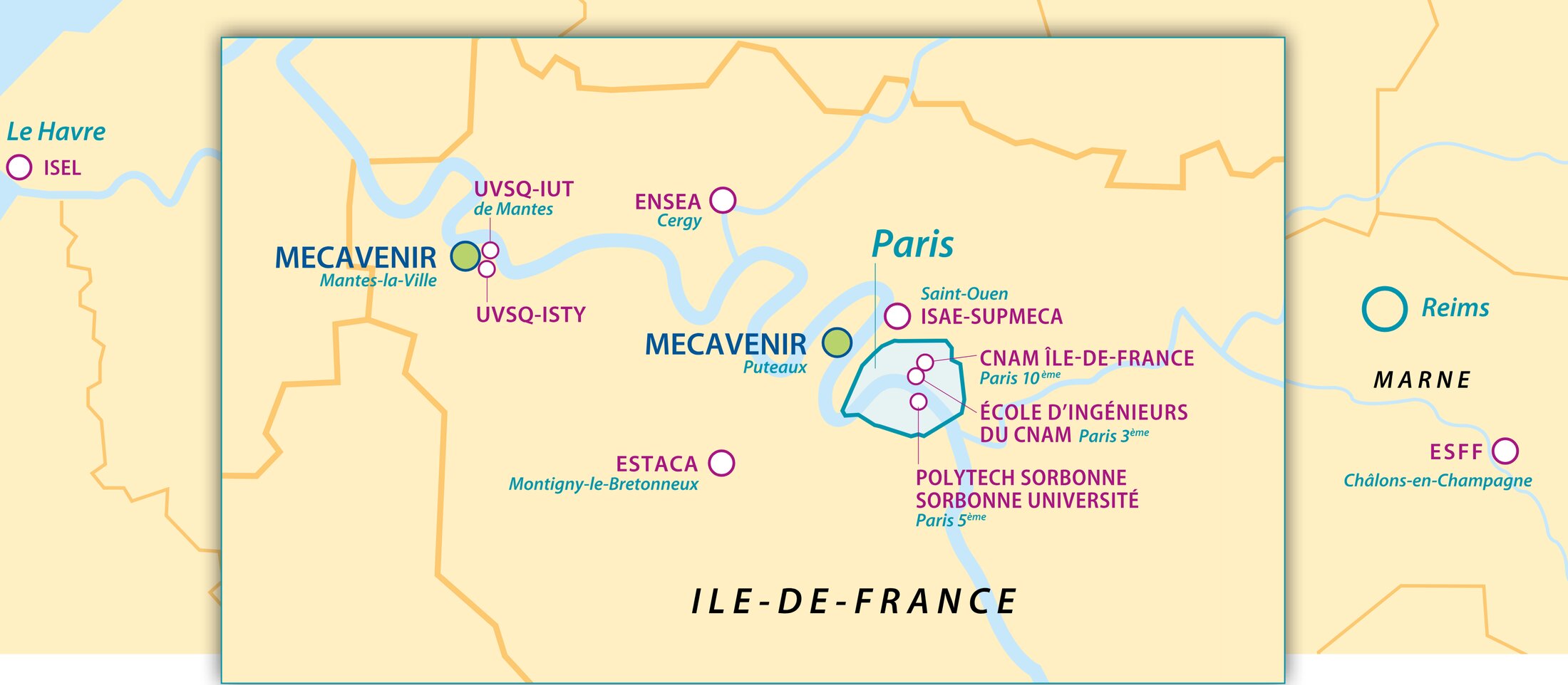 Carte des campus du CFAI Mécavenir (Mantes-la-Ville, Puteaux) et des écoles partenaires : ISEL au Havre ; UVSQ-IUT de Mantes, UVSQ-ISTY, ENSEA à Cergy, ESTACA à Montigny-le-Bretonneux, ISAE-Supméca à Saint-Ouen, CNAM Île-de-France (Paris 10e), École d’ingénieurs du CNAM (Paris 3e), Polytech Sorbonne et Sorbonne Université (Paris 5e) en Île-de-France ; ESFF à Châlons-en-Champagne